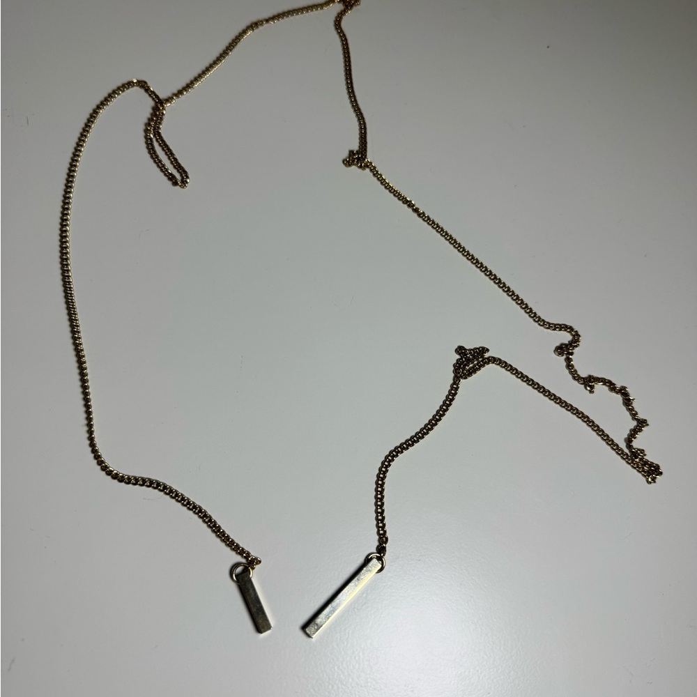 Gold Tone Minimalist Lariat‎ Necklace Curb Chain Vertical Bar Pendants